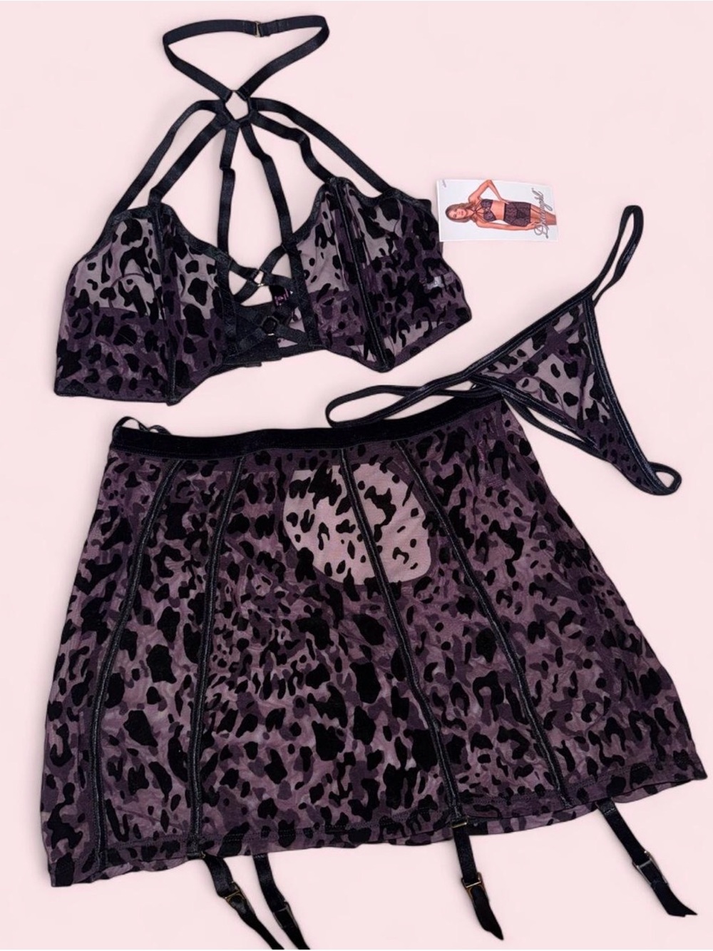 Dreamgirl Black and Plum Leopard Mesh Lingerie Set